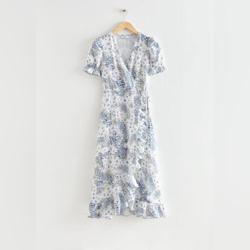 Floral Blue & White Wrap Midi Dress
